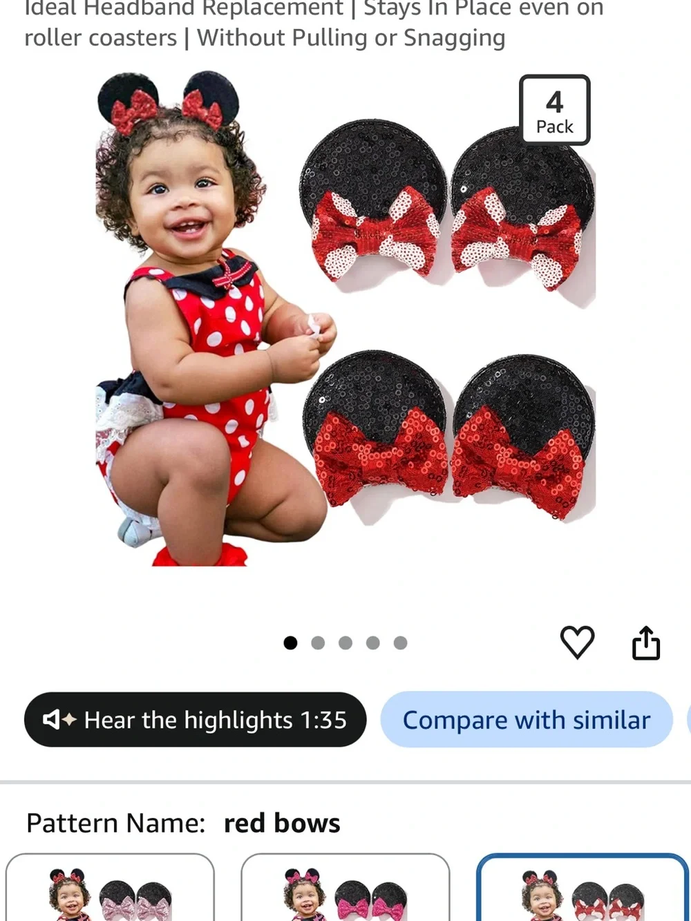Sequin Minnie Ear Hair Clips with Red Bows